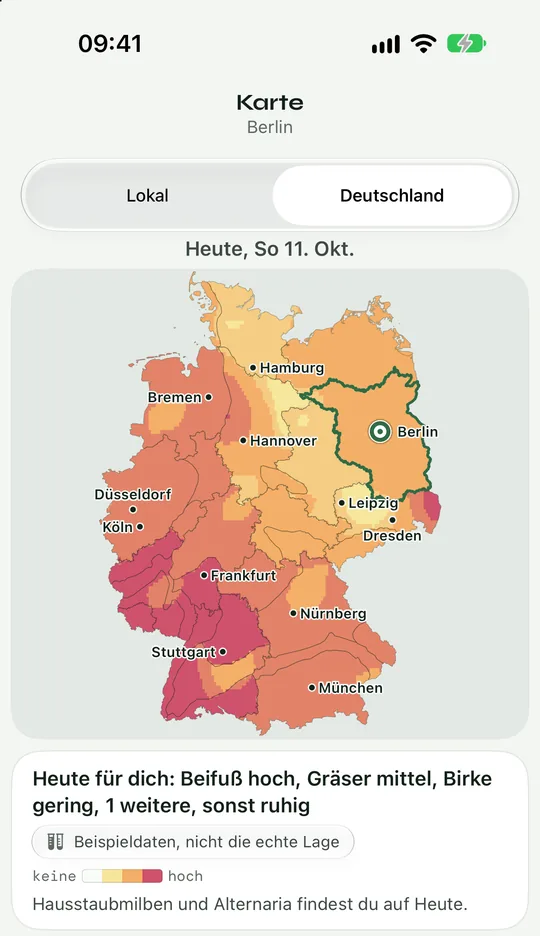 Karte Deutschland in der App Pollenradar: Gebiete von hellgelb bis rot zeigen die Lage für heute, Berlin ist markiert. Beispieldaten.