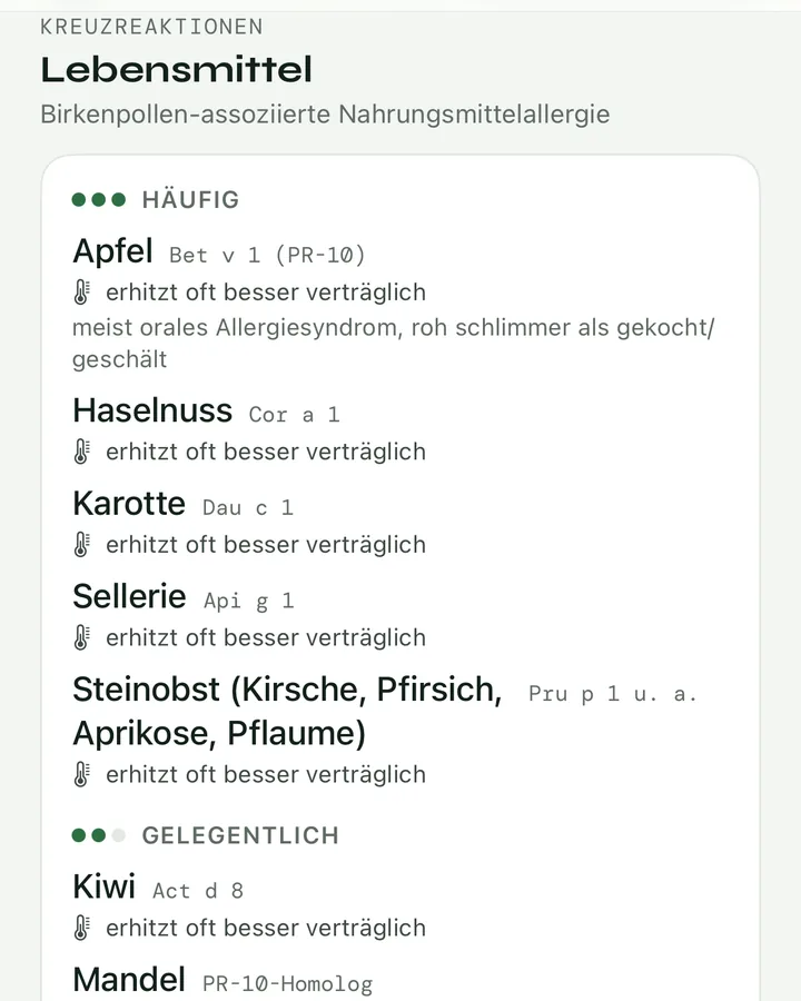 Kreuzreaktionen bei Birke in der App: Apfel, Haselnuss, Karotte und Sellerie als häufig, mit dem Hinweis, dass erhitzt oft besser verträglich ist.